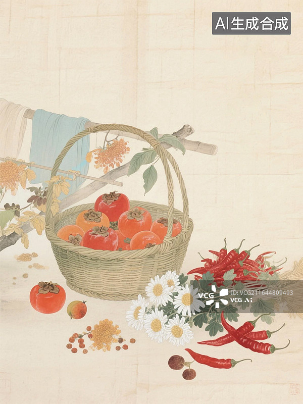 【AI数字艺术】立秋节气国风静物：竹篮柿子与秋菊插画图片素材