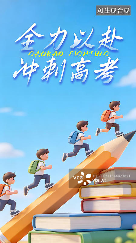 【AI数字艺术】一群学生背着书包在高大的书本和铅笔上冲刺图片素材