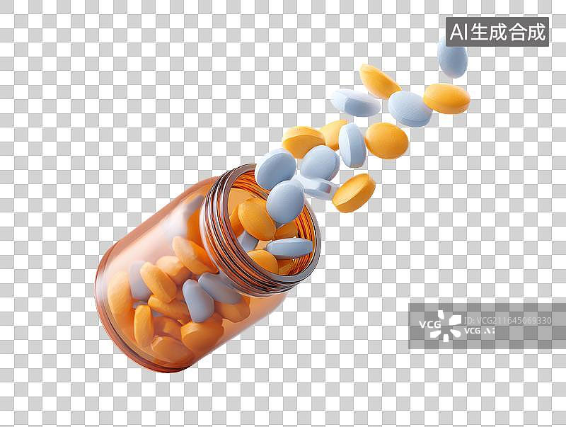 【AI数字艺术】药瓶倾倒胶囊散落图片素材