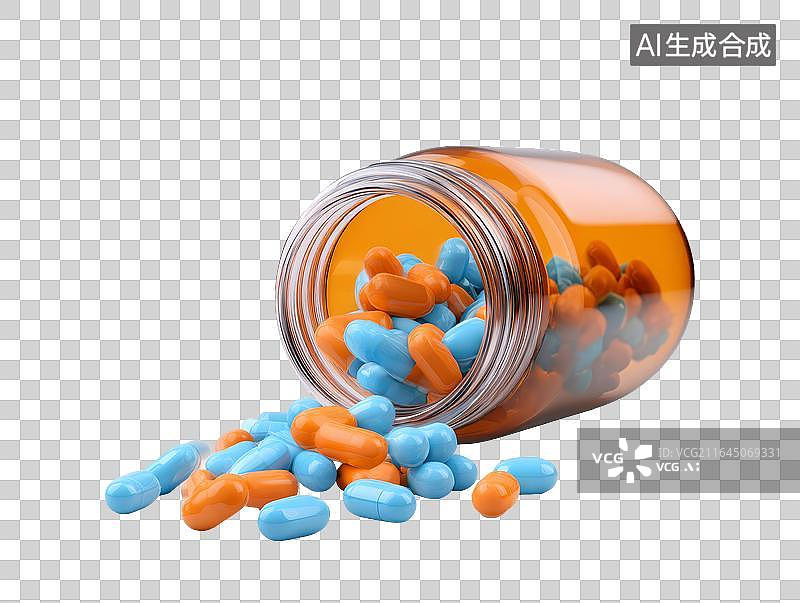 【AI数字艺术】药瓶倾倒胶囊散落图片素材