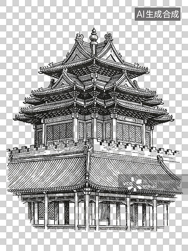 【AI数字艺术】中国传统古代建筑楼阁线稿画PNG免抠元素图片素材