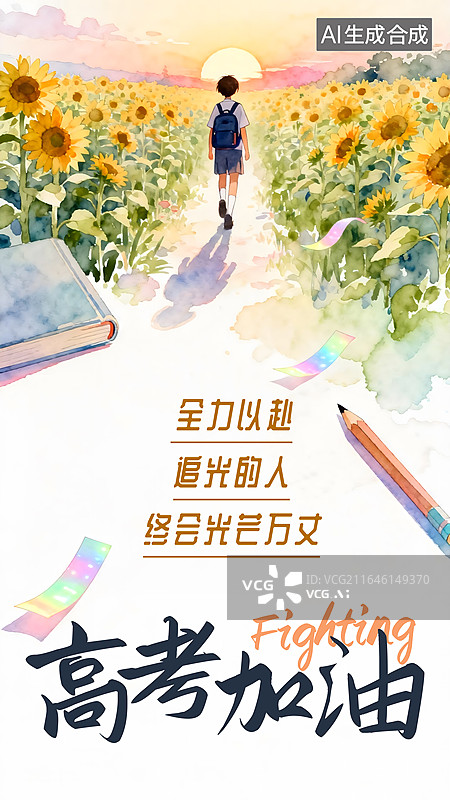 【AI数字艺术】AIGC：背着书包的学生走在向日葵花田，向着前方希望前行，高考加油冲刺海报设计模版图片素材