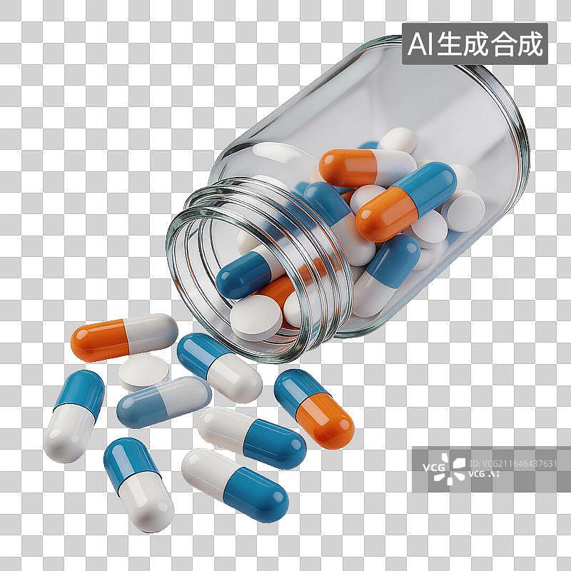 【AI数字艺术】药瓶倾倒胶囊散落图片素材