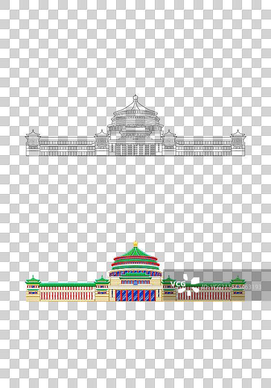 新中式描边风格城市系列插画重庆大礼堂色稿线稿组合图片素材