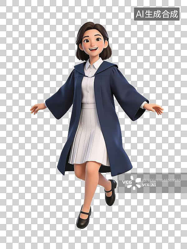 【AI数字艺术】女孩身穿学士服开心跳跃庆祝毕业，用于毕业设计、教育行业图片素材
