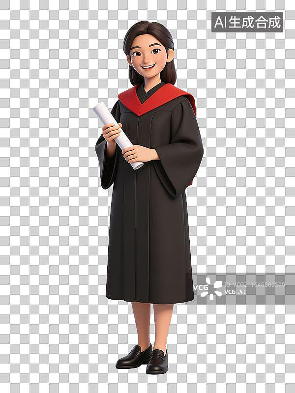 【AI数字艺术】卡通女孩身穿学士服手持文凭庆祝大学毕业，用于教育行业，毕业宣传图片素材