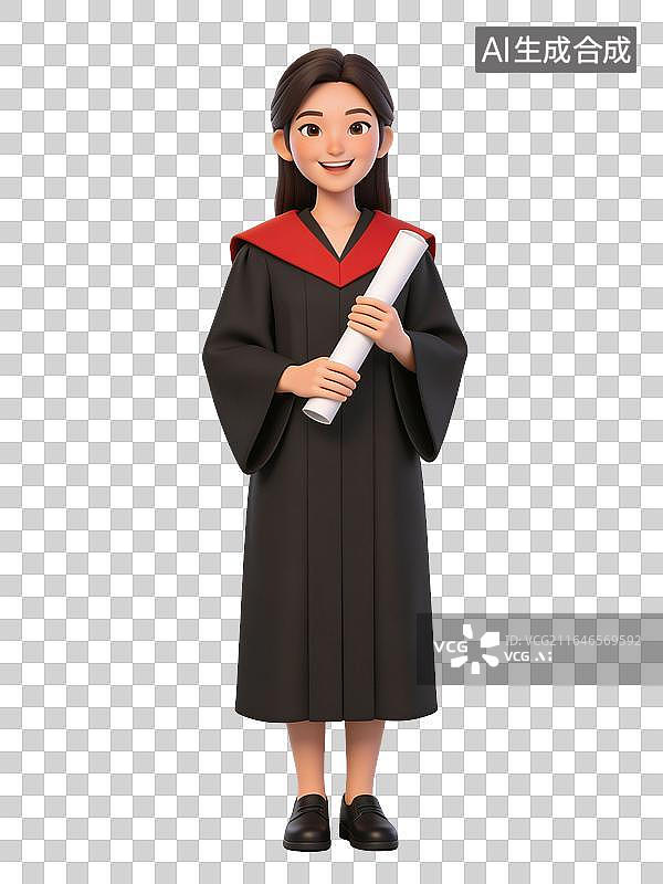 【AI数字艺术】卡通女孩身穿学士服手持文凭庆祝大学毕业，用于毕业设计、教育行业图片素材