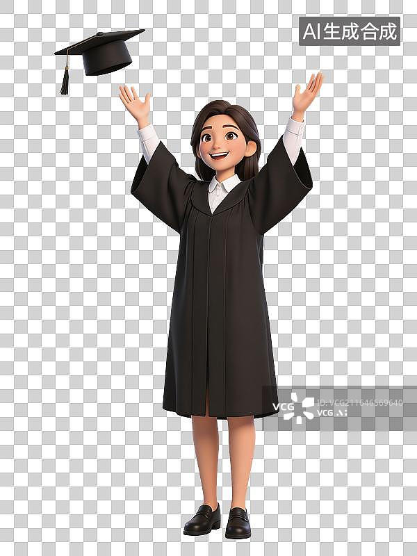 【AI数字艺术】女孩身穿毕业礼服高举双手抛学位帽庆祝，用于毕业庆祝、教育行业、学位典礼图片素材
