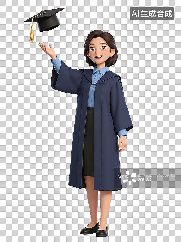 【AI数字艺术】卡通女性毕业生身穿学位服抛起学位帽庆祝，用于毕业设计、教育行业、插画素材图片素材