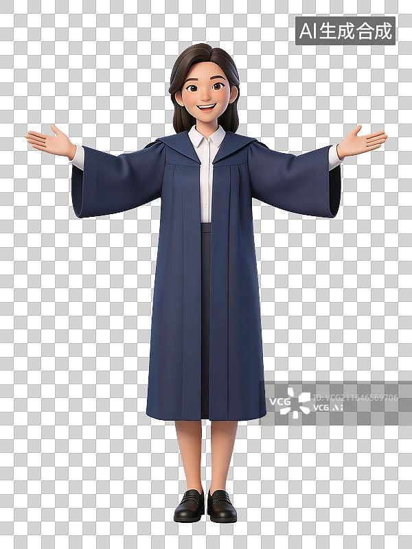 【AI数字艺术】卡通女孩身穿蓝色毕业礼服张开双臂庆祝毕业，用于毕业设计、教育行业图片素材