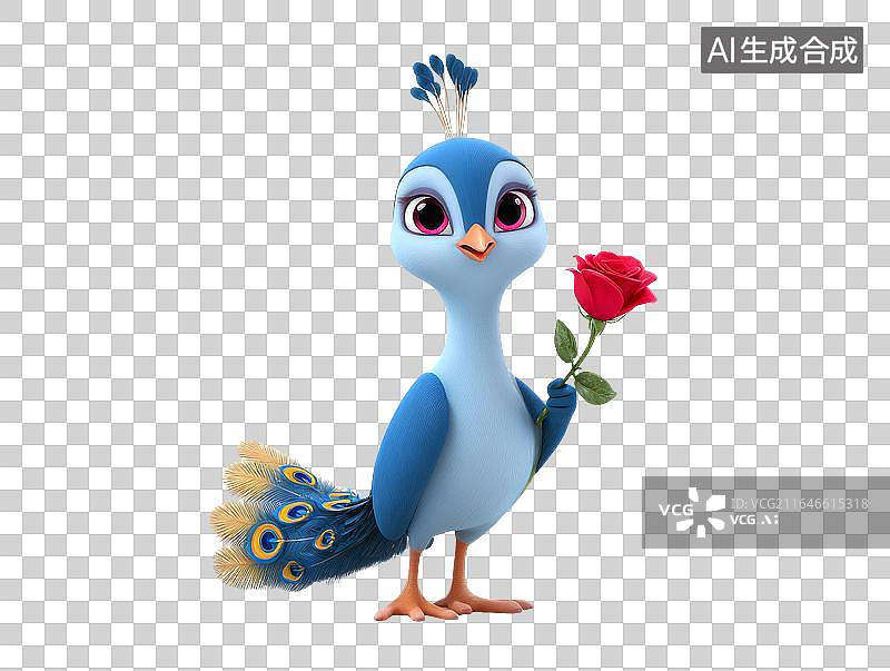 【AI数字艺术】卡通孔雀手拿玫瑰花图片素材