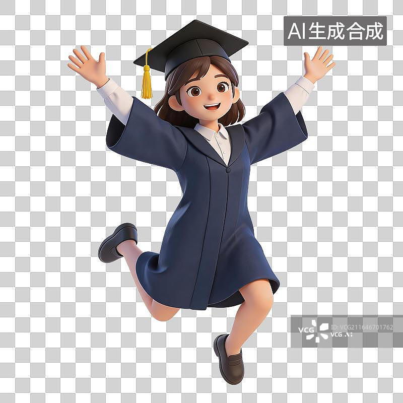 【AI数字艺术】身穿学士服，头戴学士帽，快乐奔跑的3D年轻女大学生图片素材