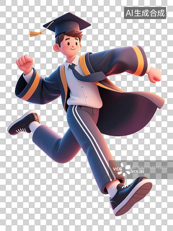 【AI数字艺术】身穿学士服，头戴学士帽，快乐奔跑的3D男学生图片素材