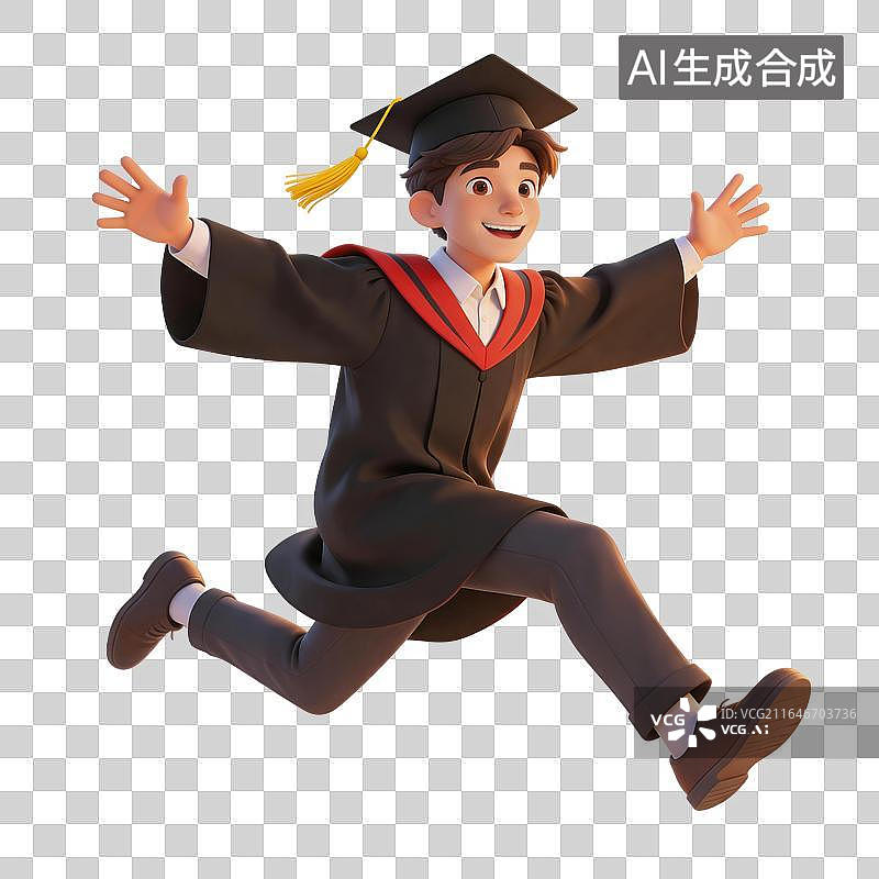【AI数字艺术】身穿学士服毕业礼服，头戴学士帽博士帽，快乐奔跑的3D大学生，硕士博士图片素材