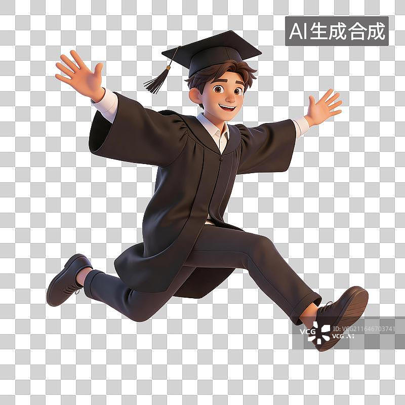 【AI数字艺术】身穿学士服毕业礼服，头戴学士帽博士帽，快乐奔跑的3D大学生，硕士博士图片素材
