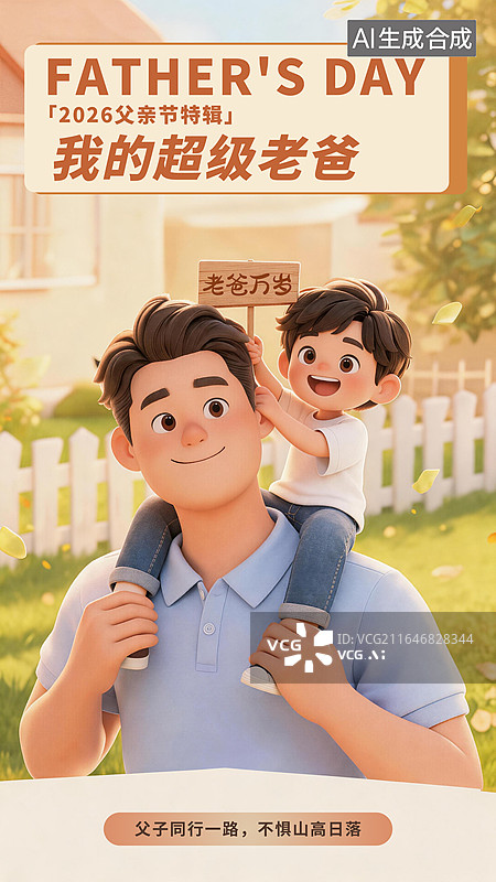 【AI数字艺术】父亲节海报，儿子快乐的骑坐在爸爸脖子上图片素材