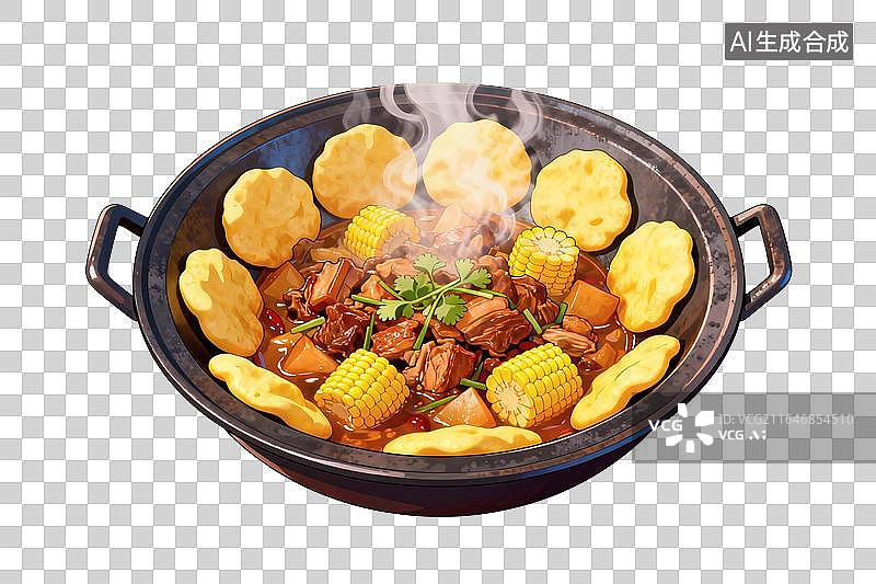 【AI数字艺术】卡通风格，铁锅中美味的东北特色美食，铁锅炖PNG格式的免扣元素图片素材