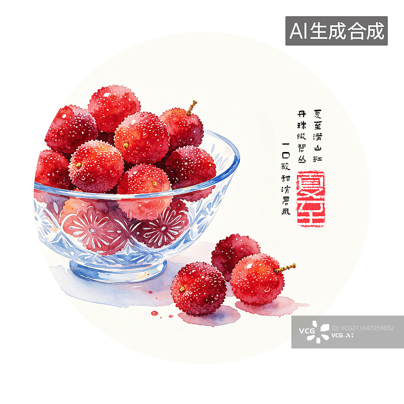 【AI数字艺术】一碗杨梅特写，杨梅，水彩画，水果，夏至，二十四节气插画图片素材