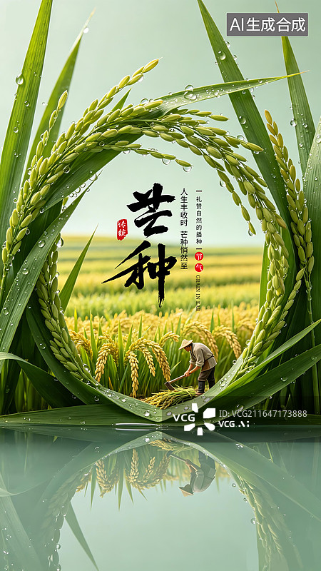 【AI数字艺术】田园农业节气插画海报，秋收芒种稻田丰收场景，微缩稻田，成熟的稻穗 竖版图片素材