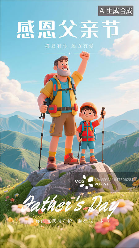 【AI数字艺术】夏日父爱·户外登山亲子父亲节海报图片素材