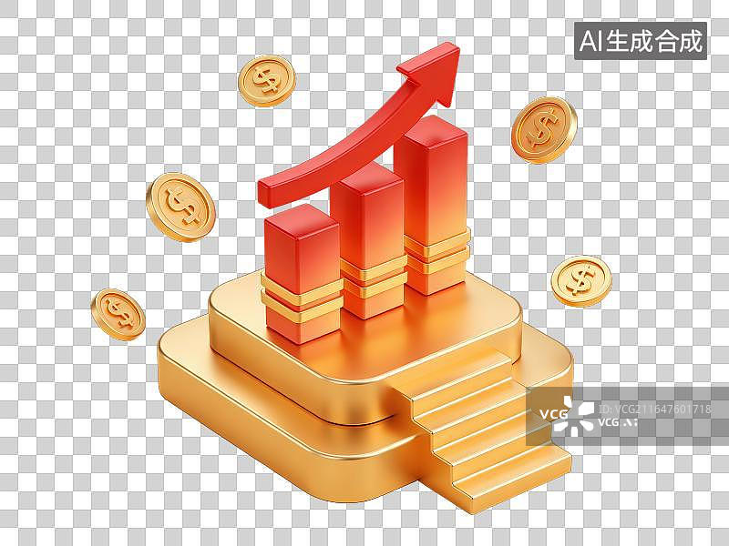【AI数字艺术】3D渲染免抠图形元素金色阶梯增长柱状图红色上涨箭头漂浮金币图片素材