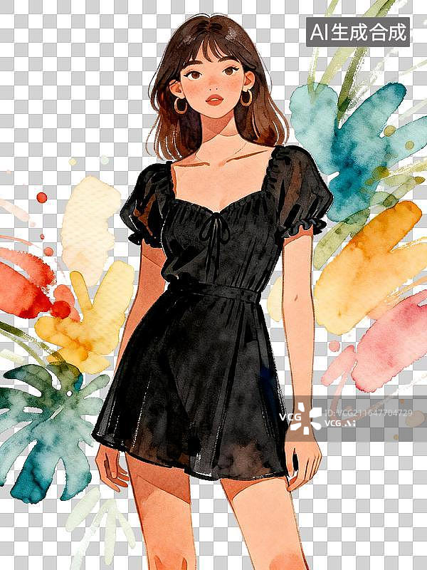 【AI数字艺术】森系复古水彩人物画 方领系带黑短裙女生配热带植物背景图片素材