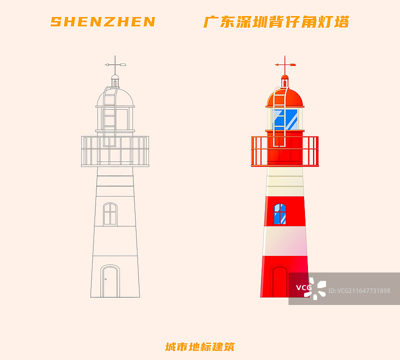 新中式描边风格城市系列插画广东深圳背仔角灯塔色稿线稿组合图片素材