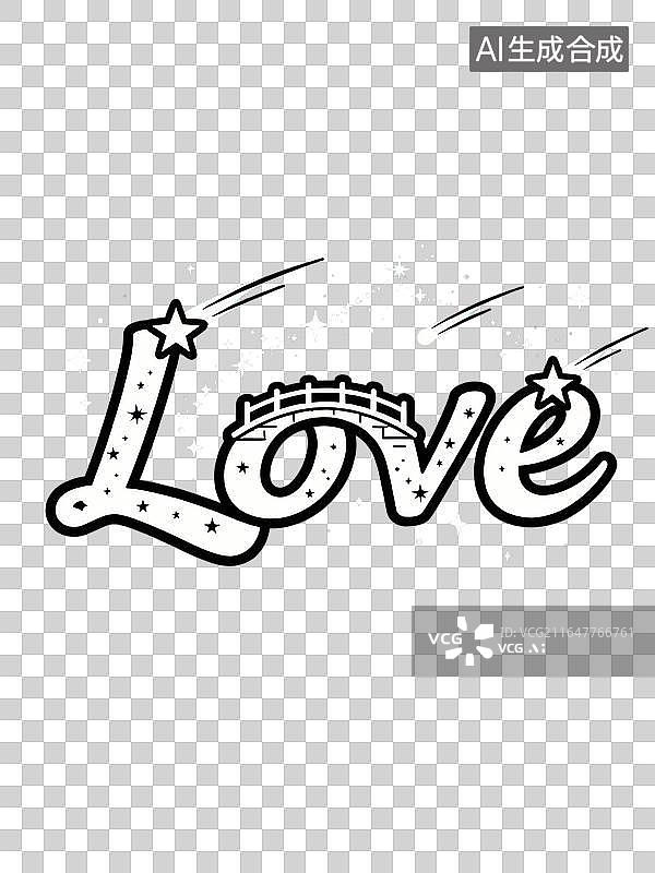 【AI数字艺术】白色描边浪漫字母线稿 love 字母 O 嵌入拱桥两端点缀流星图片素材