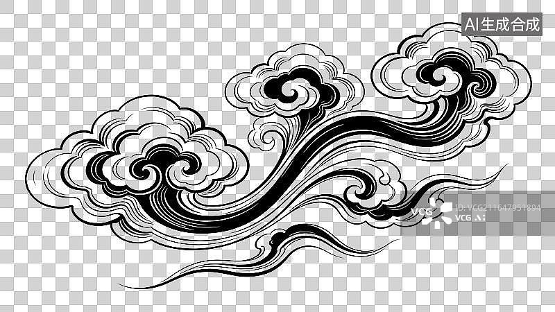 【AI数字艺术】中式传统祥云纹样线稿黑白手绘古典云纹PNG免抠元素图片素材