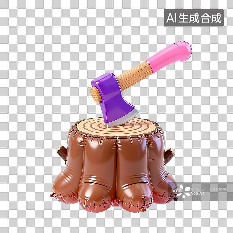 【AI数字艺术】3D三维膨胀气球风格树桩树墩子斧子元素图片素材