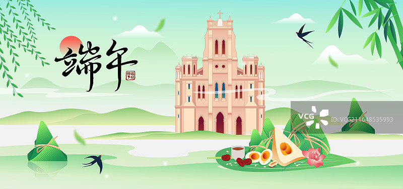 天津望海楼教堂端午节国风印象城市地标古代建筑矢量插画海报图片素材