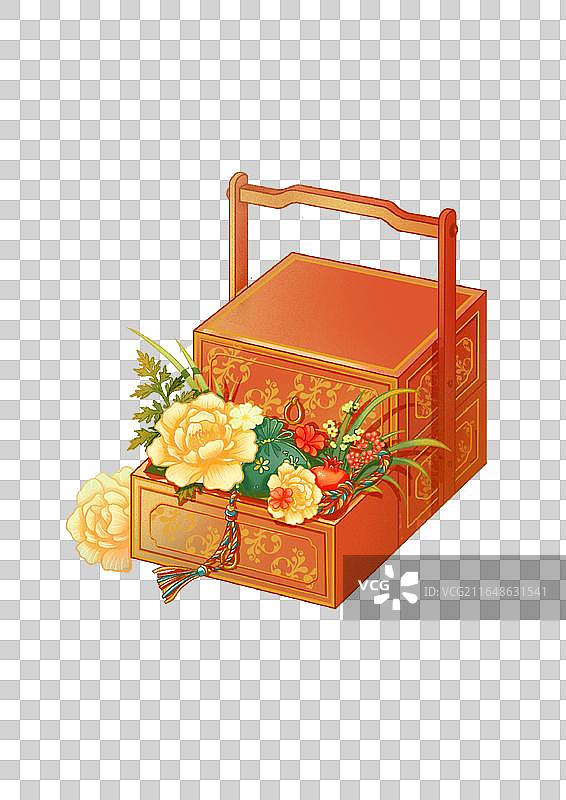 新中式古风红色提篮礼盒牡丹花卉免抠插画，传统节日送礼文创设计素材图片素材