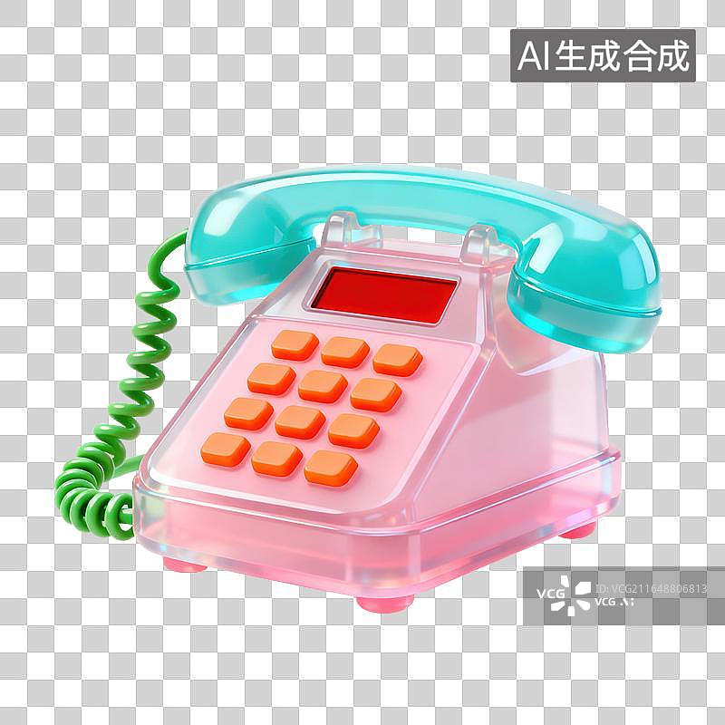 【AI数字艺术】3D磨砂玻璃材质复古有线座机电话螺旋电话线元素图片素材