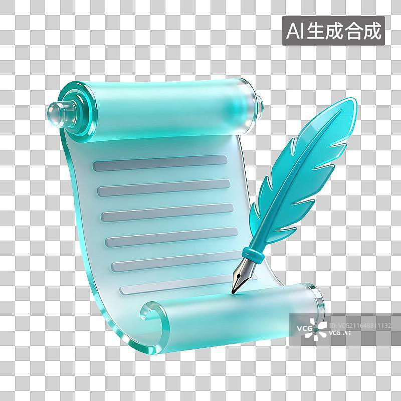 【AI数字艺术】3D磨砂玻璃材质卷轴羽毛钢笔元素图片素材