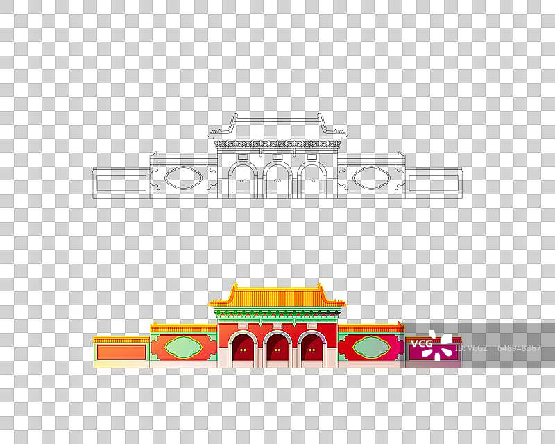 新中式描边风格城市系列插画辽宁沈阳清昭陵色稿线稿组合图片素材
