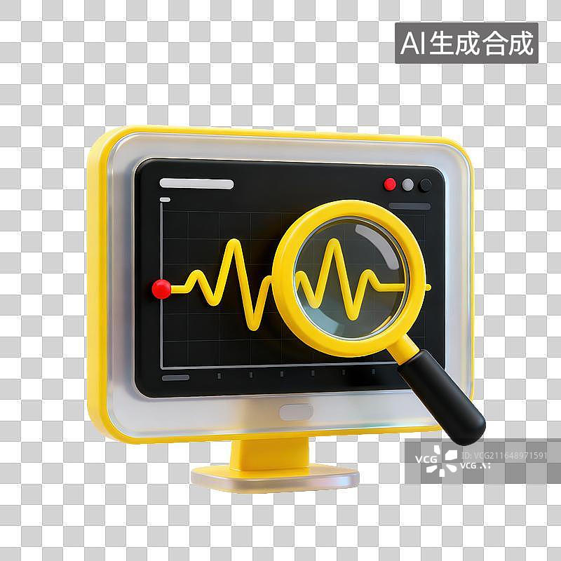 【AI数字艺术】3D磨砂玻璃材质心电波形监测曲线放大镜电脑显示器元素图片素材