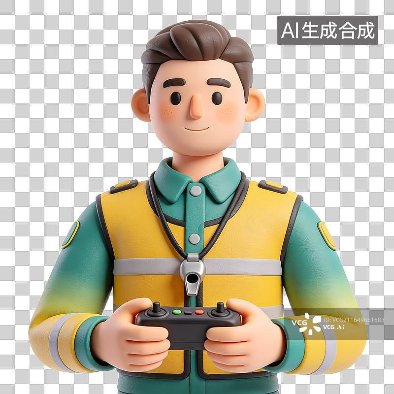 【AI数字艺术】3D卡通运维人员手持遥控器形象图片素材