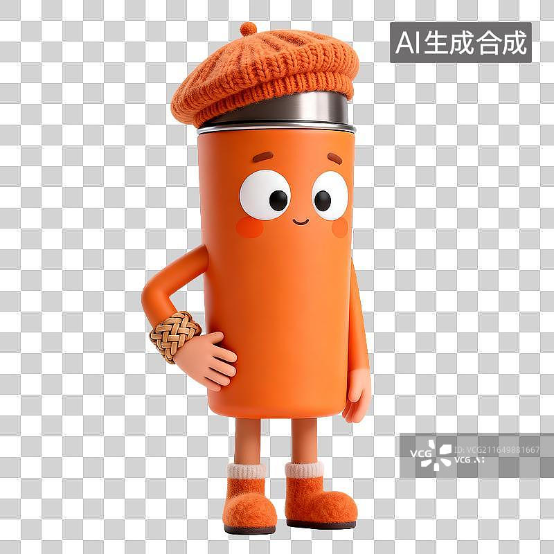 【AI数字艺术】戴贝雷帽的卡通保温杯形象图片素材