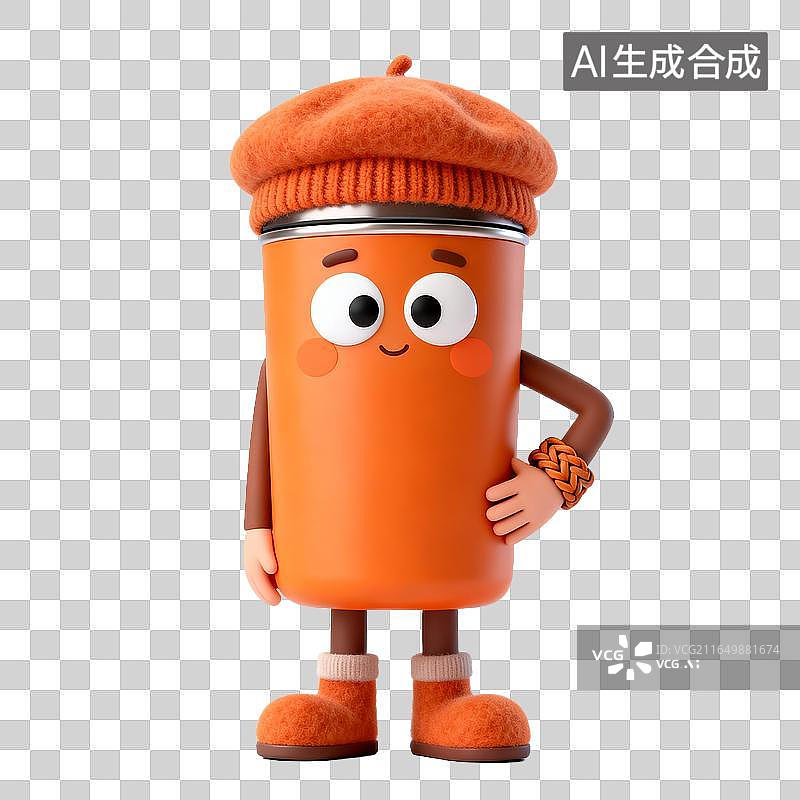 【AI数字艺术】戴贝雷帽的卡通保温杯形象图片素材