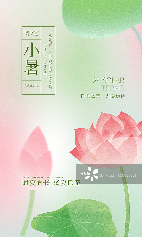 弥散风中国风二十四节气插画海报-夏天，户外盛开的荷花和蜻蜓，古诗配图，渐变模糊背景，小清新插画，竖版图片素材