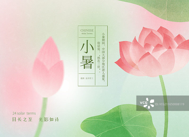 弥散风中国风二十四节气插画海报-夏天，户外盛开的荷花和蜻蜓，古诗配图，渐变模糊背景，小清新插画，横版图片素材