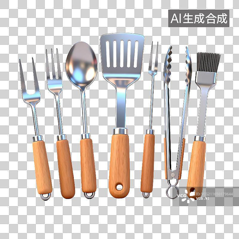 【AI数字艺术】不锈钢木质手柄烹饪烧烤工具套装图片素材