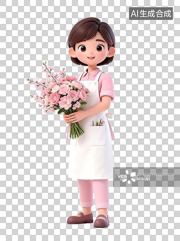 【AI数字艺术】手持粉色花束的卡通女花艺师图片素材