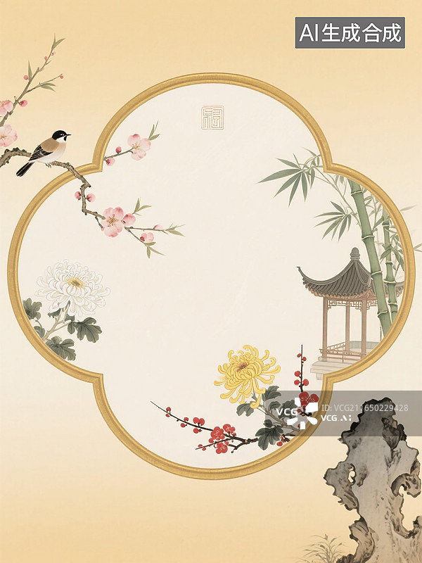 【AI数字艺术】花鸟古亭假山中式花框留白工笔国风背景图片素材