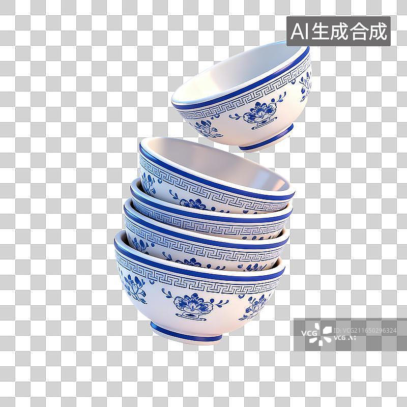 【AI数字艺术】青花缠枝纹瓷碗套装组合图片素材