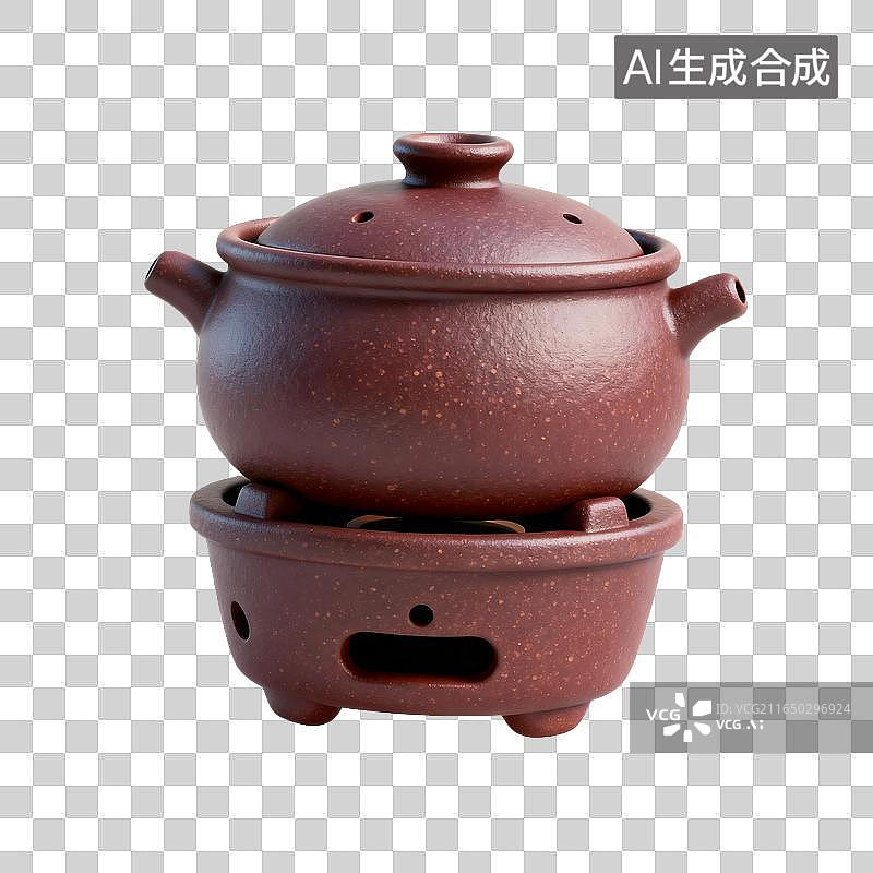 【AI数字艺术】复古紫砂陶壶配加热底座套组图片素材