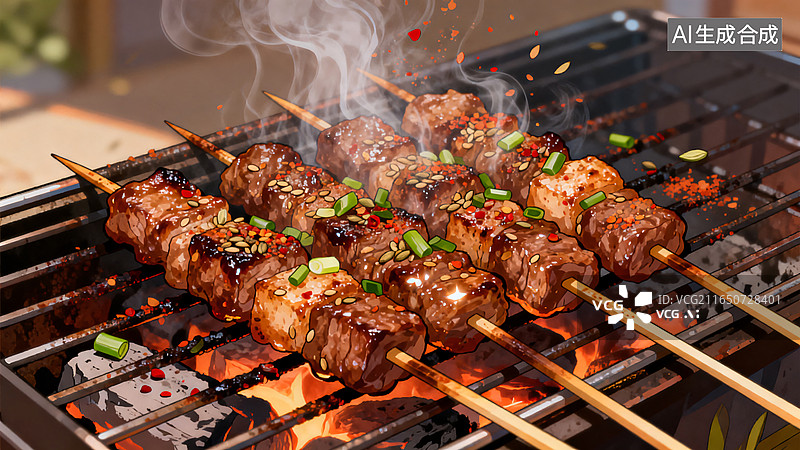 【AI数字艺术】夜市炭火烧烤羊肉串特写卡通插画图片素材