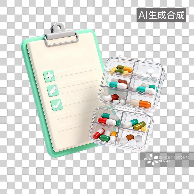 【AI数字艺术】医疗记录板与便携药盒组合图片素材