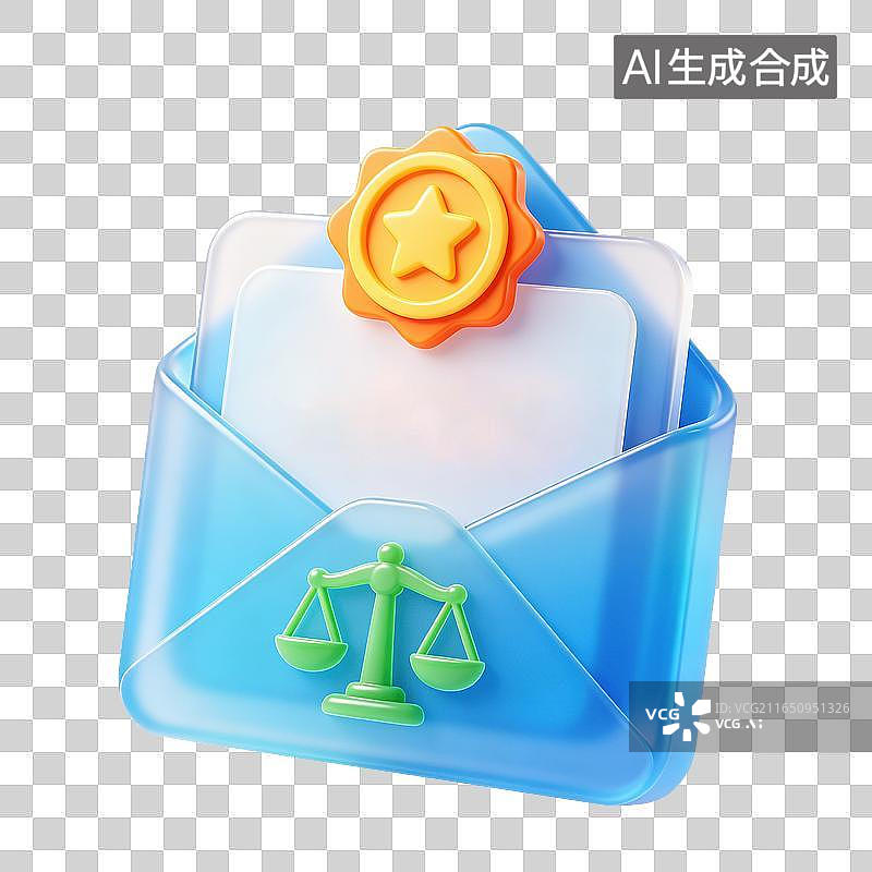 【AI数字艺术】3D磨砂玻璃材质密封法律信函徽章天平纸质文件司法函件公证密封文书法务通知合规告知信函元素图片素材