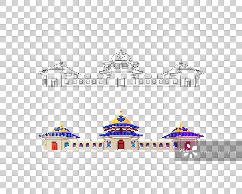 新中式描边风格城市系列插画内蒙古呼和浩特成吉思汗陵色稿线稿组合图片素材